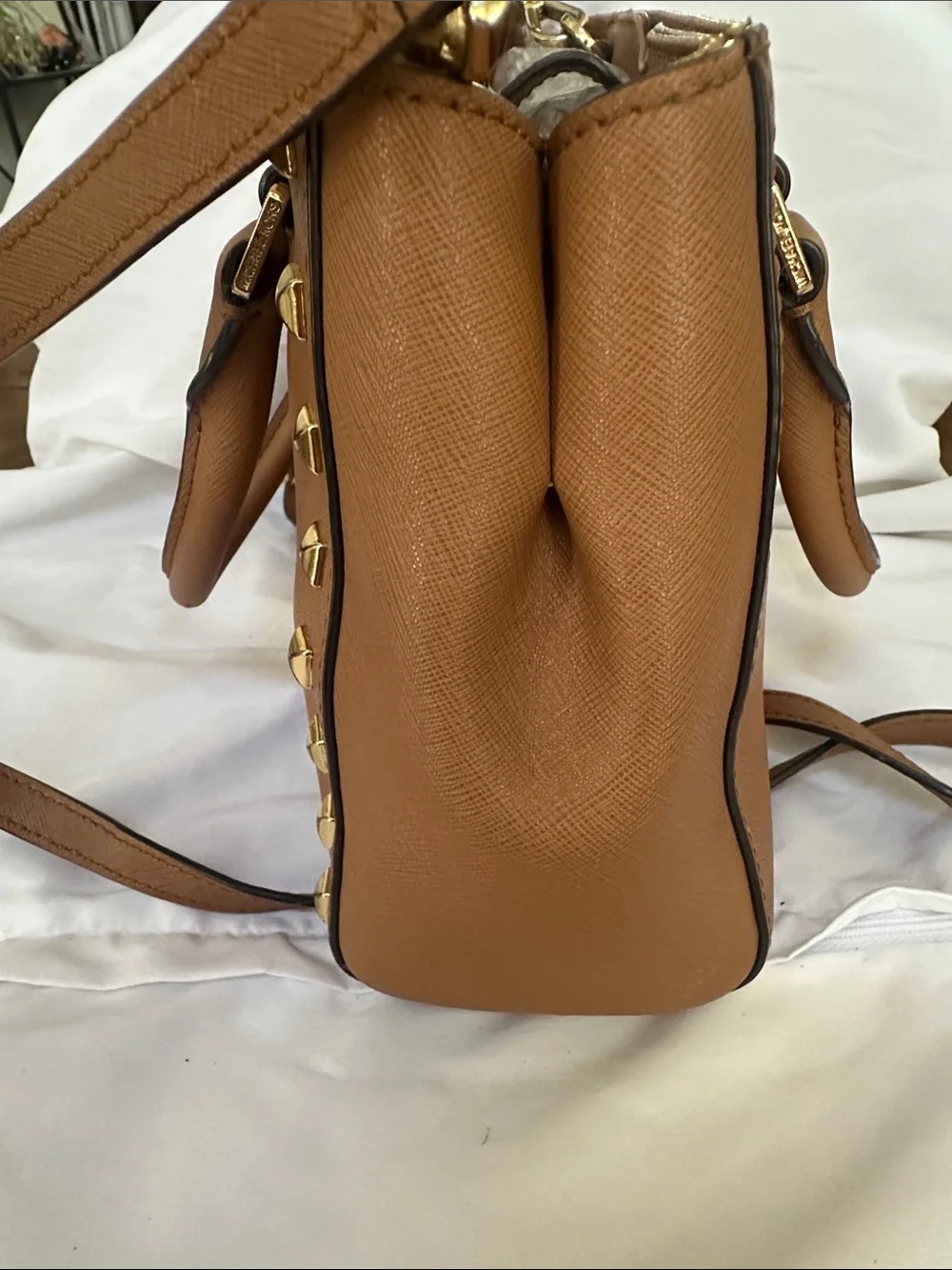 Michael Kors Brown Saffiano Satchel with Gold Stud Accents